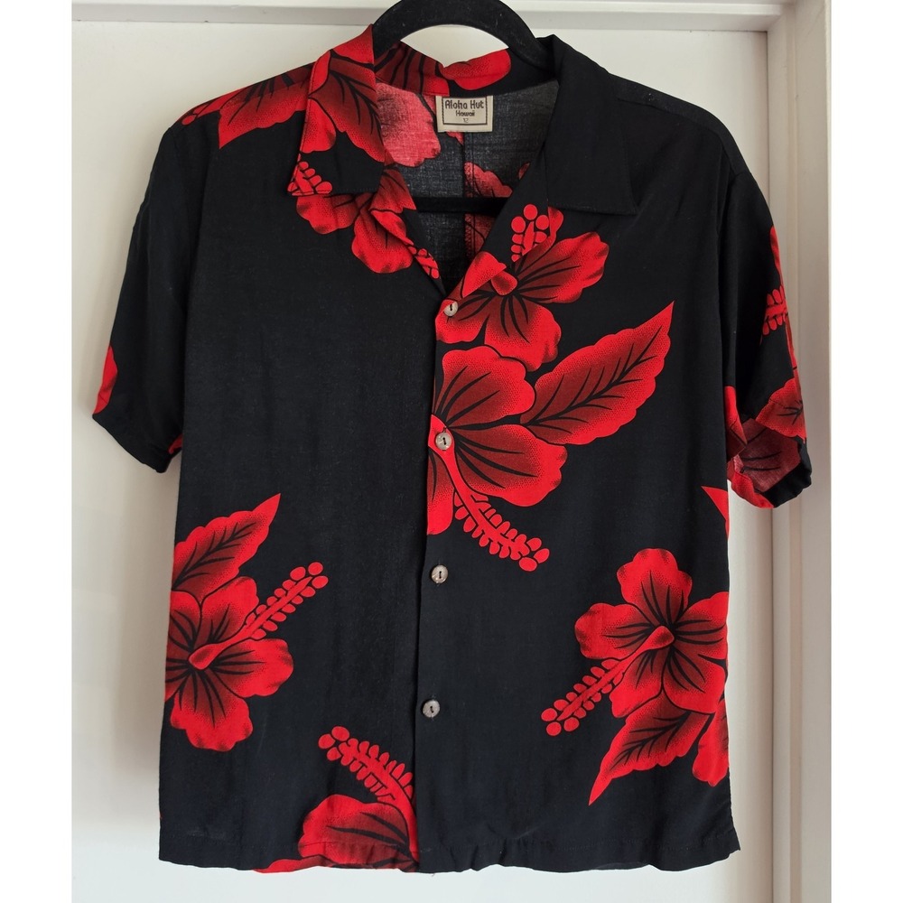 Aloha Hut Boys' Button-Down Shirt 12 Short Sleeve Black Rayon Floral